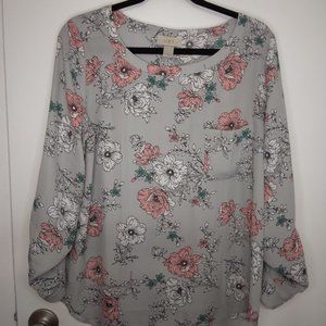 Loft Outlet Gray Pink Floral Long Sleeve Button Sleeve Blouse - Size M